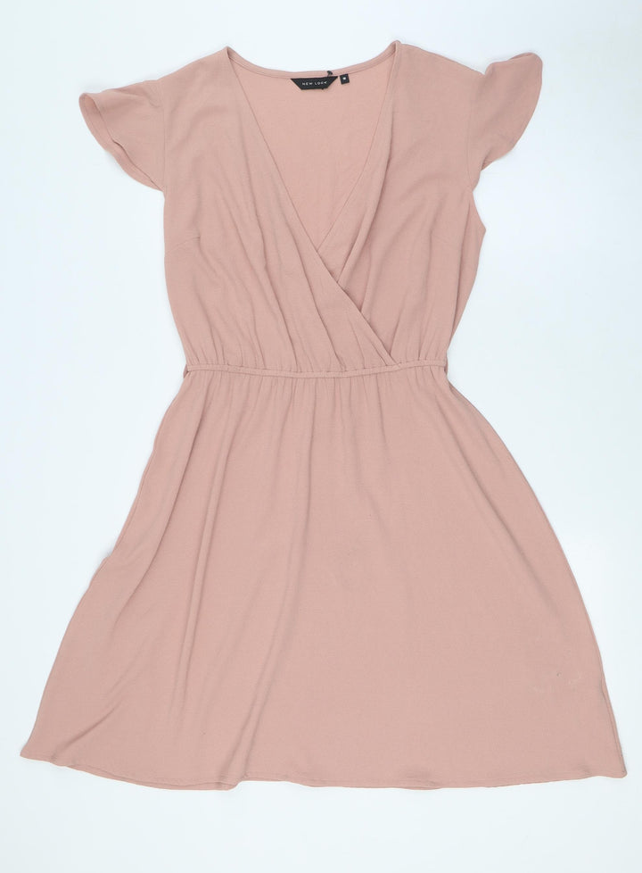 New Look Womens Pink Polyester A-Line Size 10 V-Neck - Elasticated Waist
