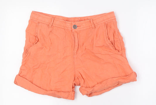 Marks and Spencer Womens Orange Linen Basic Shorts Size 8 L4 in Regular Zip - Turn Ups