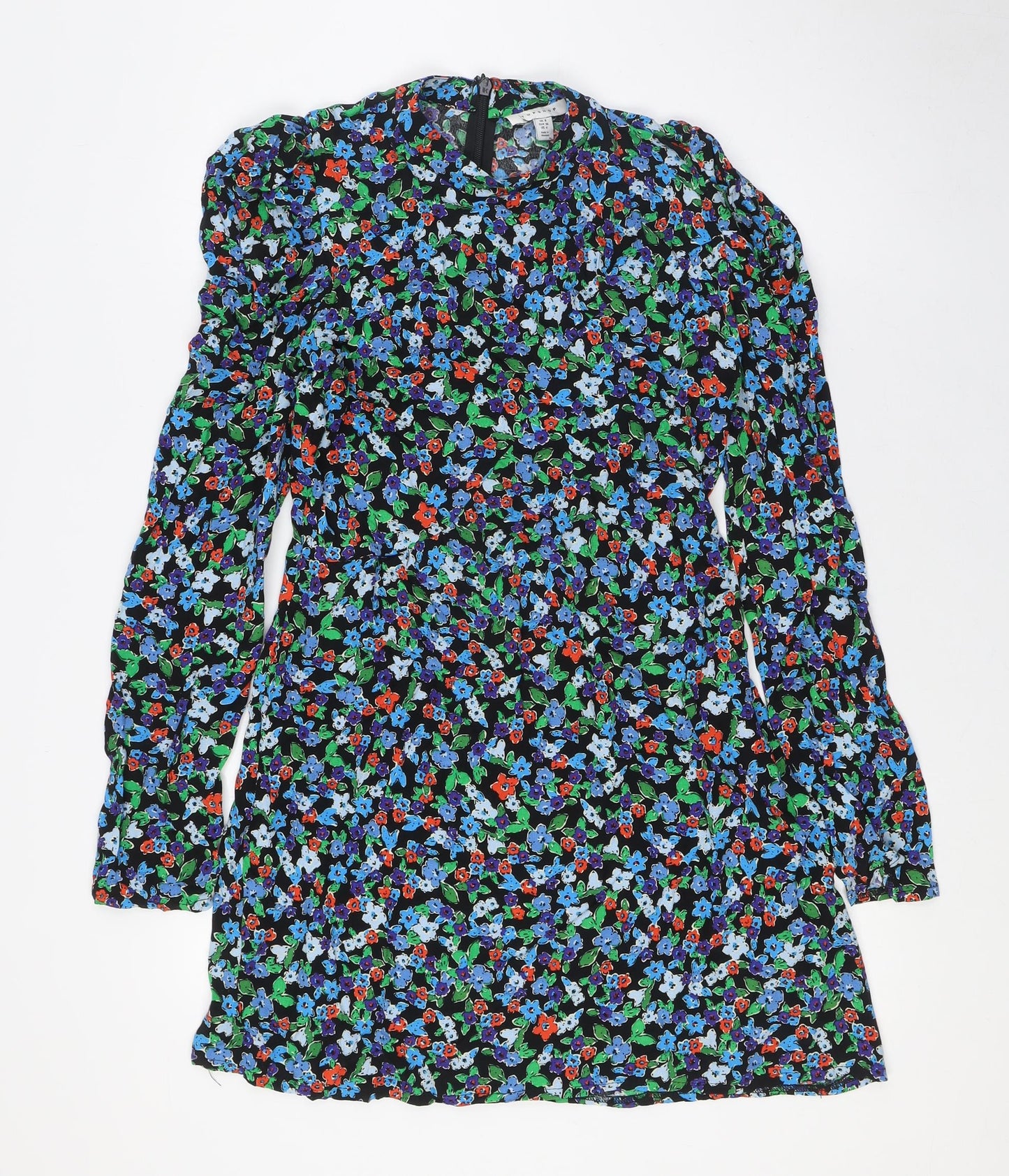 Topshop Womens Multicoloured Floral Viscose A-Line Size 8 Mock Neck Zip