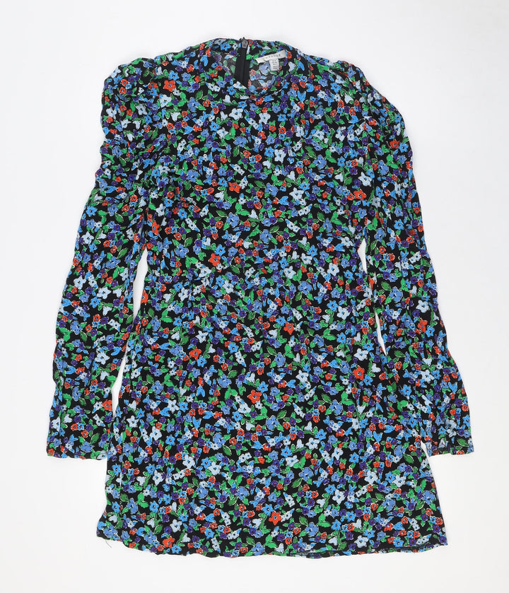 Topshop Womens Multicoloured Floral Viscose A-Line Size 8 Mock Neck Zip