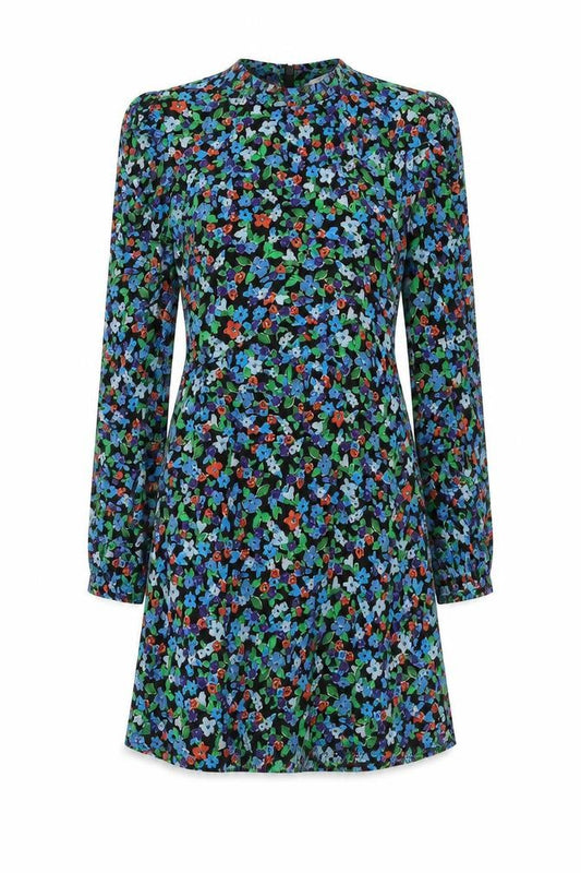 Front view of Topshop women’s multicoloured floral viscose a-line, size UK 8, mock neck zip
