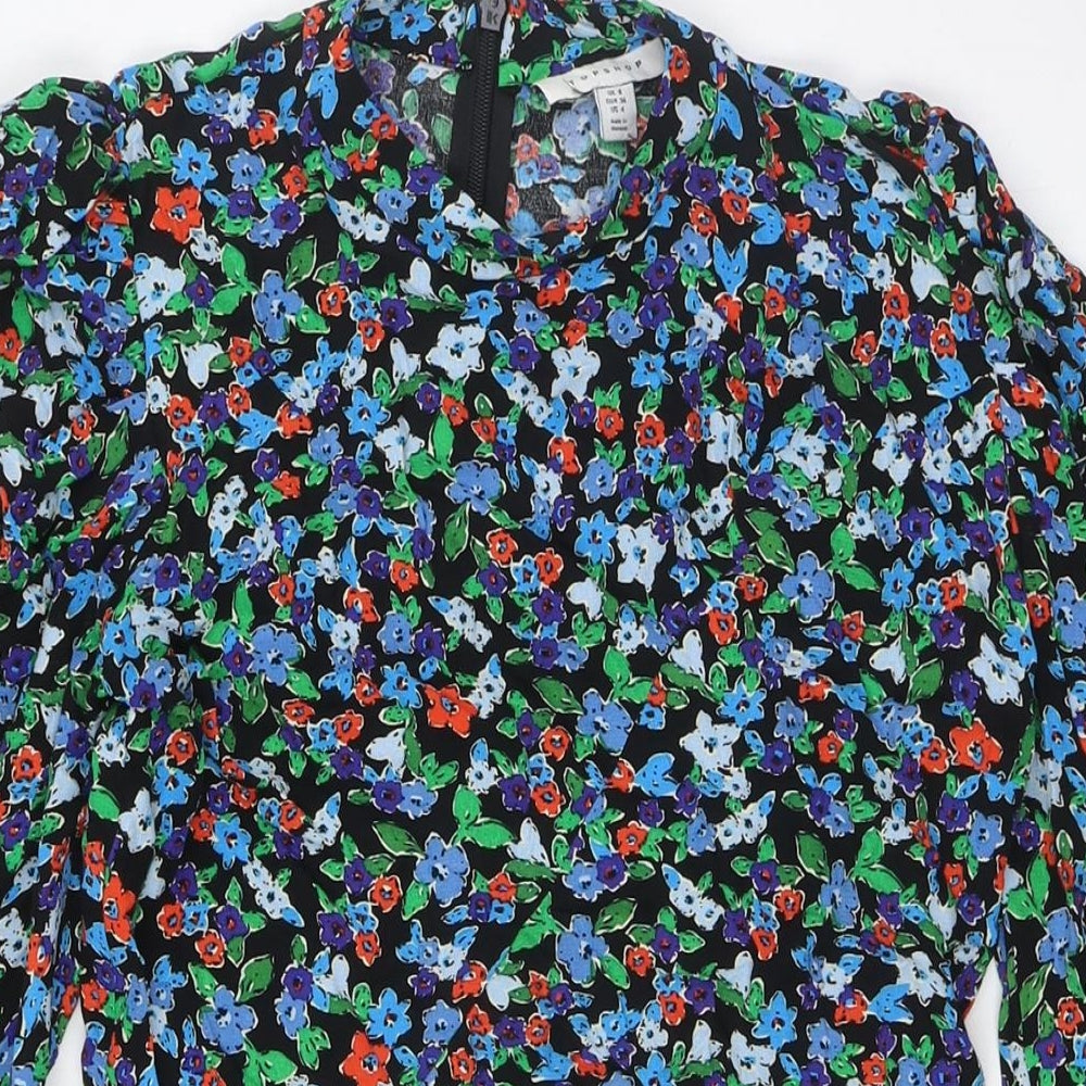 Topshop Womens Multicoloured Floral Viscose A-Line Size 8 Mock Neck Zip