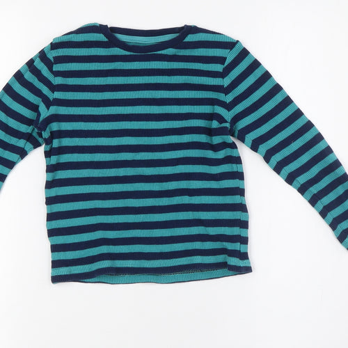 Marks and Spencer Boys Green Striped Cotton Basic Casual Size 3-4 Years Crew Neck