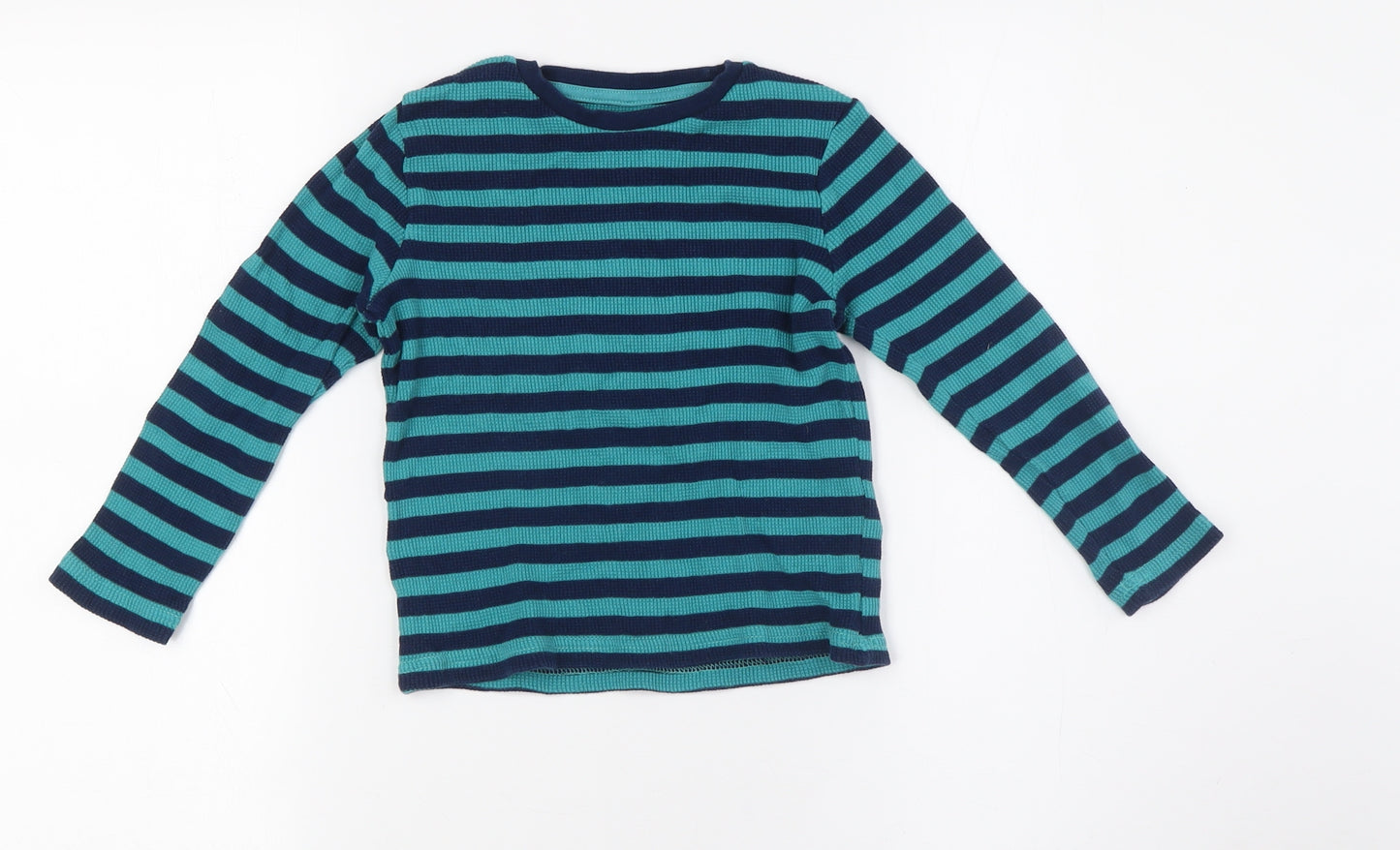 Marks and Spencer Boys Green Striped Cotton Basic Casual Size 3-4 Years Crew Neck