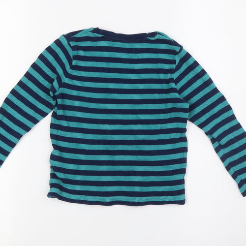 Marks and Spencer Boys Green Striped Cotton Basic Casual Size 3-4 Years Crew Neck