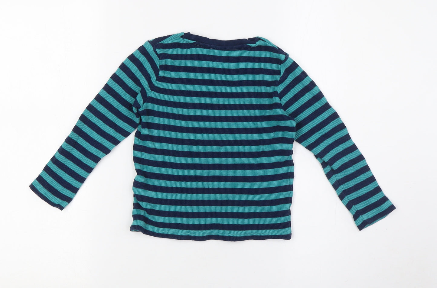 Marks and Spencer Boys Green Striped Cotton Basic Casual Size 3-4 Years Crew Neck