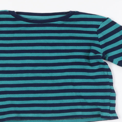 Marks and Spencer Boys Green Striped Cotton Basic Casual Size 3-4 Years Crew Neck