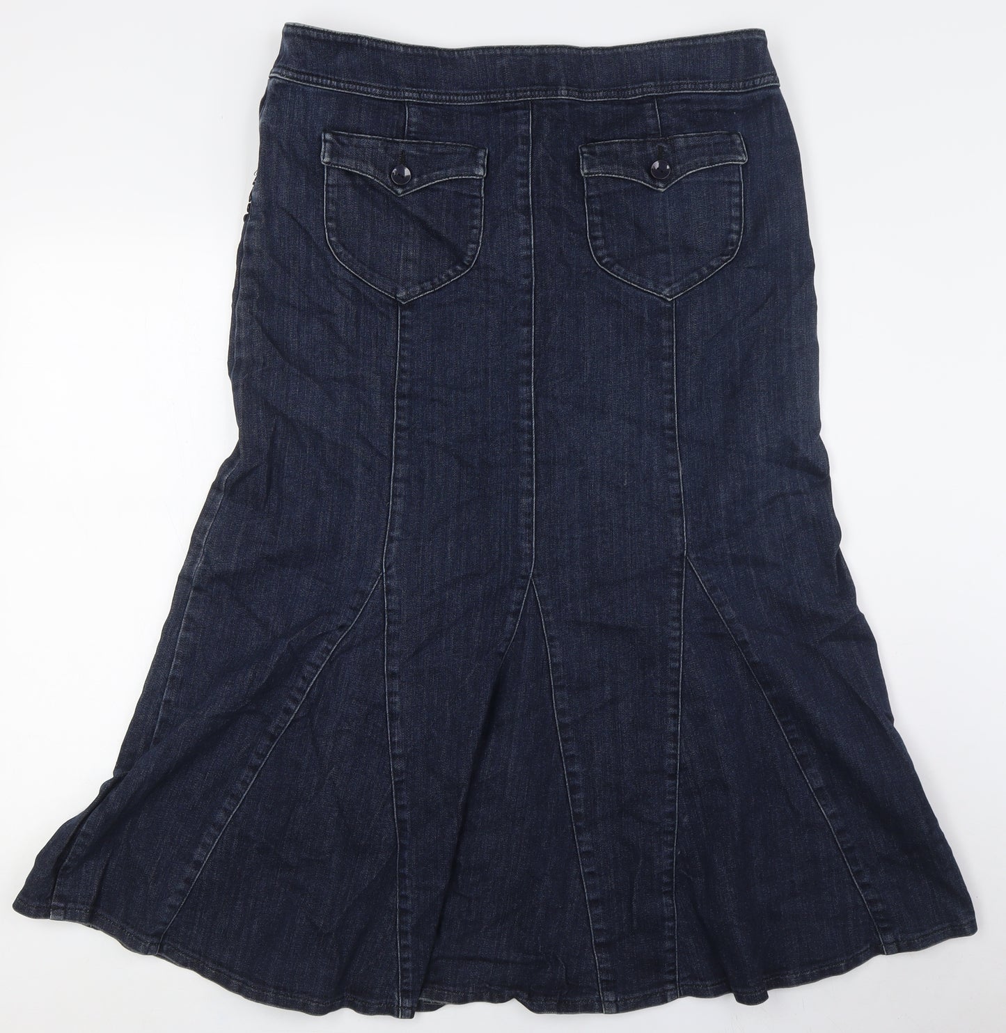 Per Una Womens Blue Cotton A-Line Skirt Size 16 Zip - Embellished Pockets