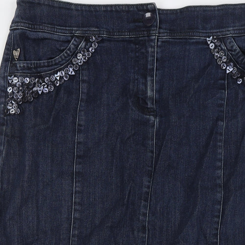 Per Una Womens Blue Cotton A-Line Skirt Size 16 Zip - Embellished Pockets