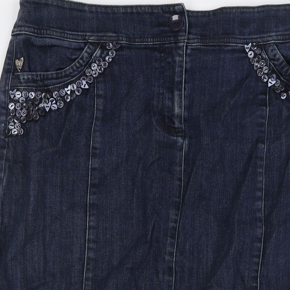 Per Una Womens Blue Cotton A-Line Skirt Size 16 Zip - Embellished Pockets