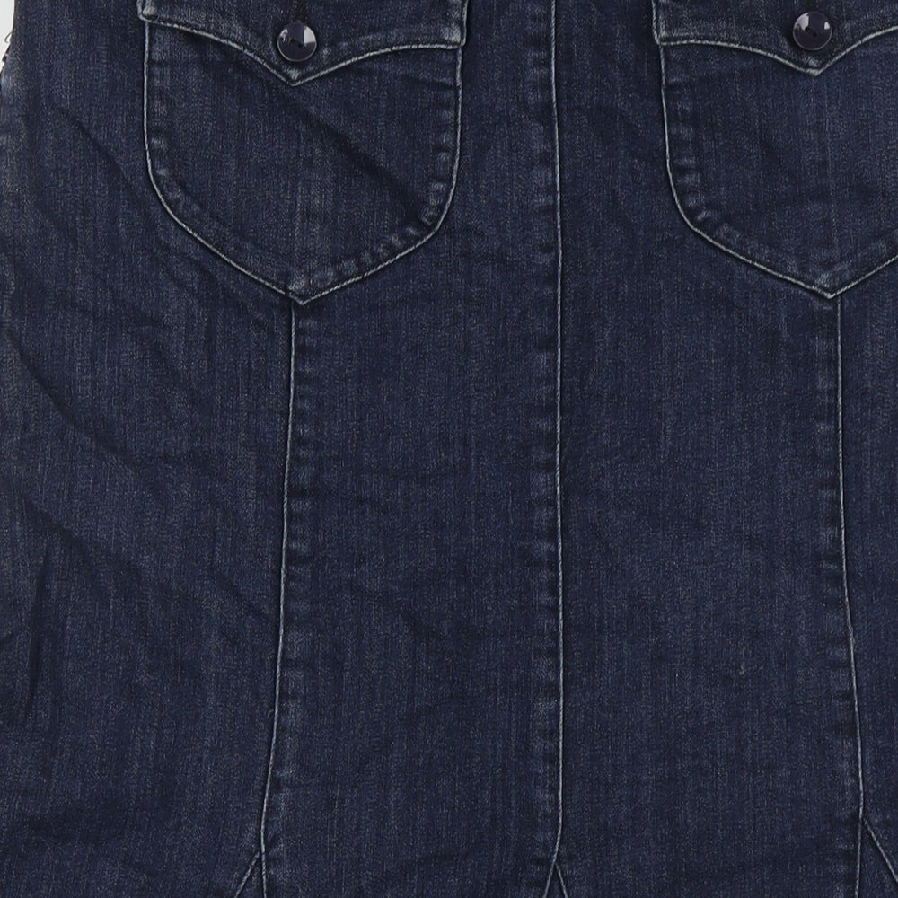 Per Una Womens Blue Cotton A-Line Skirt Size 16 Zip - Embellished Pockets
