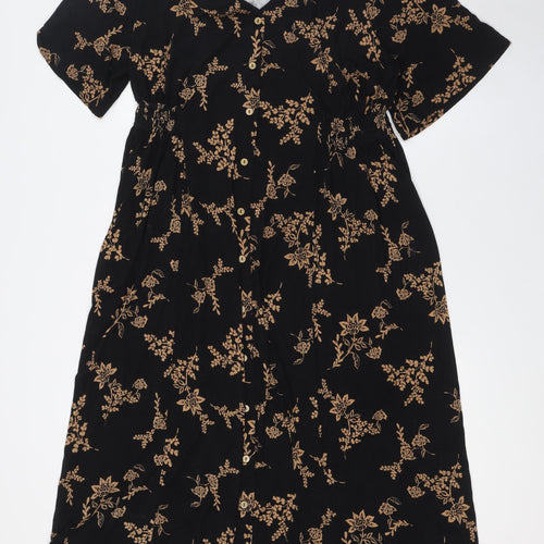 Julipa Womens Black Floral Polyester A-Line Size 8 V-Neck Button - Elasticated Waist