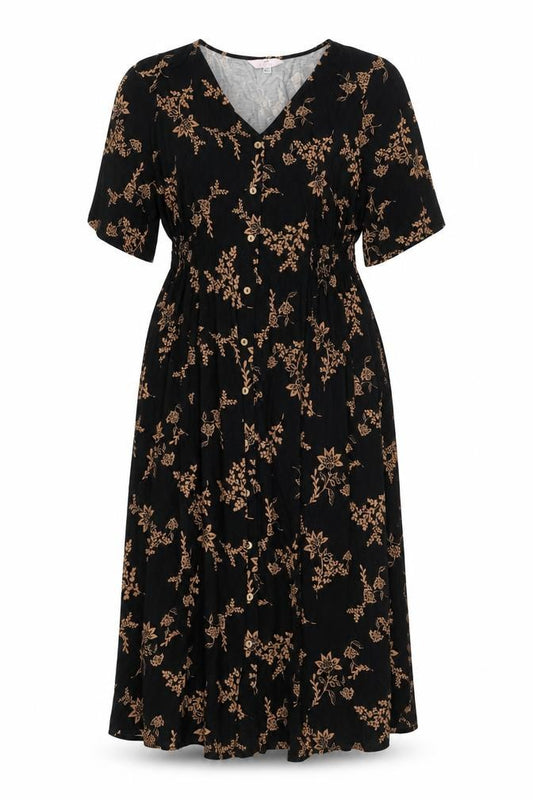 Front view of Julipa women’s black floral polyester a-line, size UK 8, v-neck button - elasticated waist
