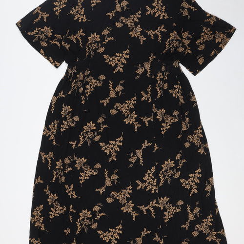 Julipa Womens Black Floral Polyester A-Line Size 8 V-Neck Button - Elasticated Waist
