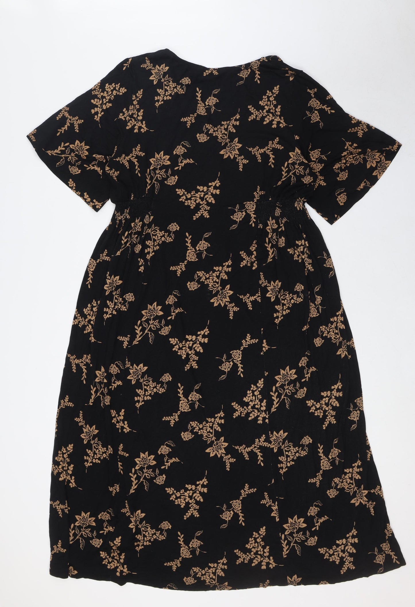 Julipa Womens Black Floral Polyester A-Line Size 8 V-Neck Button - Elasticated Waist