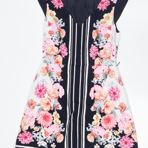 Oasis Womens Multicoloured Floral Cotton A-Line Size 8 V-Neck Zip