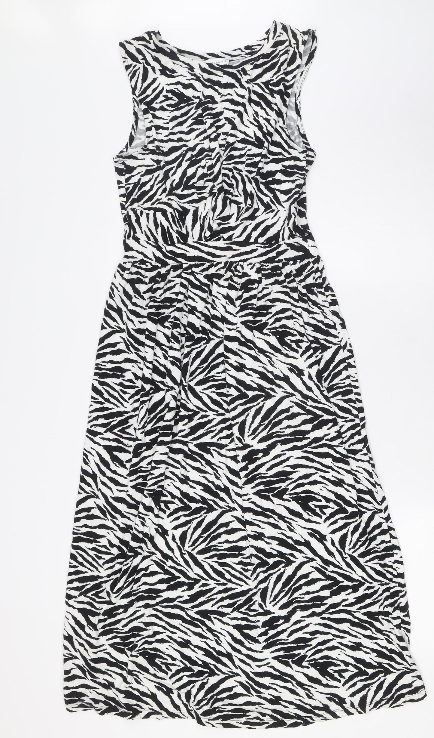 Warehouse Womens Black Animal Print Viscose A-Line Size 8 Round Neck