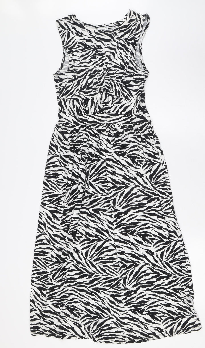Warehouse Womens Black Animal Print Viscose A-Line Size 8 Round Neck