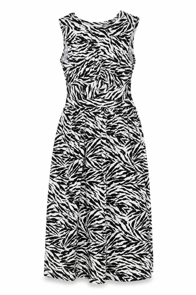Warehouse Womens Black Animal Print Viscose A-Line Size 8 Round Neck