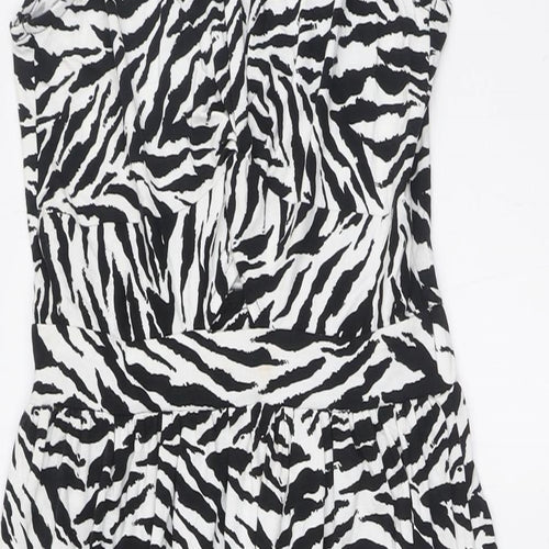 Warehouse Womens Black Animal Print Viscose A-Line Size 8 Round Neck