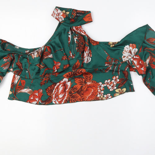 PRETTYLITTLETHING Womens Green Floral Polyester Cropped Button-Up Size 10 Mock Neck - Cold Shoulder