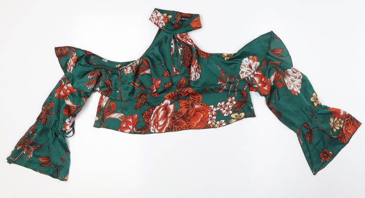 PRETTYLITTLETHING Womens Green Floral Polyester Cropped Button-Up Size 10 Mock Neck - Cold Shoulder