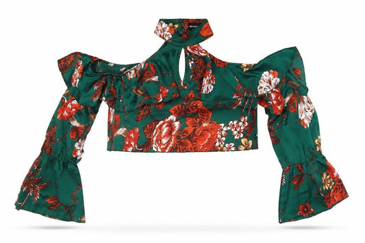 Front view of PRETTYLITTLETHING women’s green floral polyester cropped button-up, size UK 10, mock neck - cold shoulder