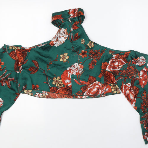PRETTYLITTLETHING Womens Green Floral Polyester Cropped Button-Up Size 10 Mock Neck - Cold Shoulder