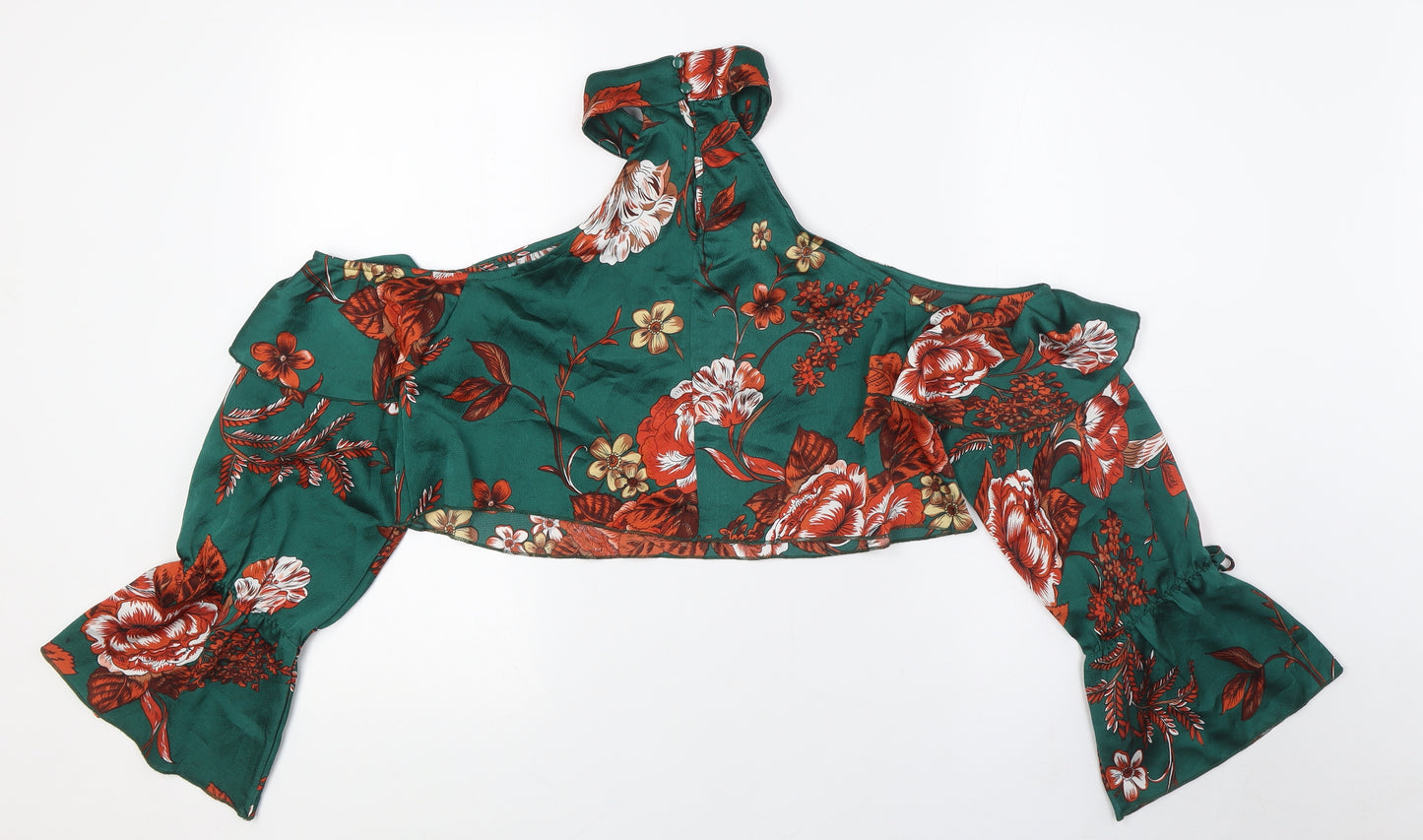 PRETTYLITTLETHING Womens Green Floral Polyester Cropped Button-Up Size 10 Mock Neck - Cold Shoulder