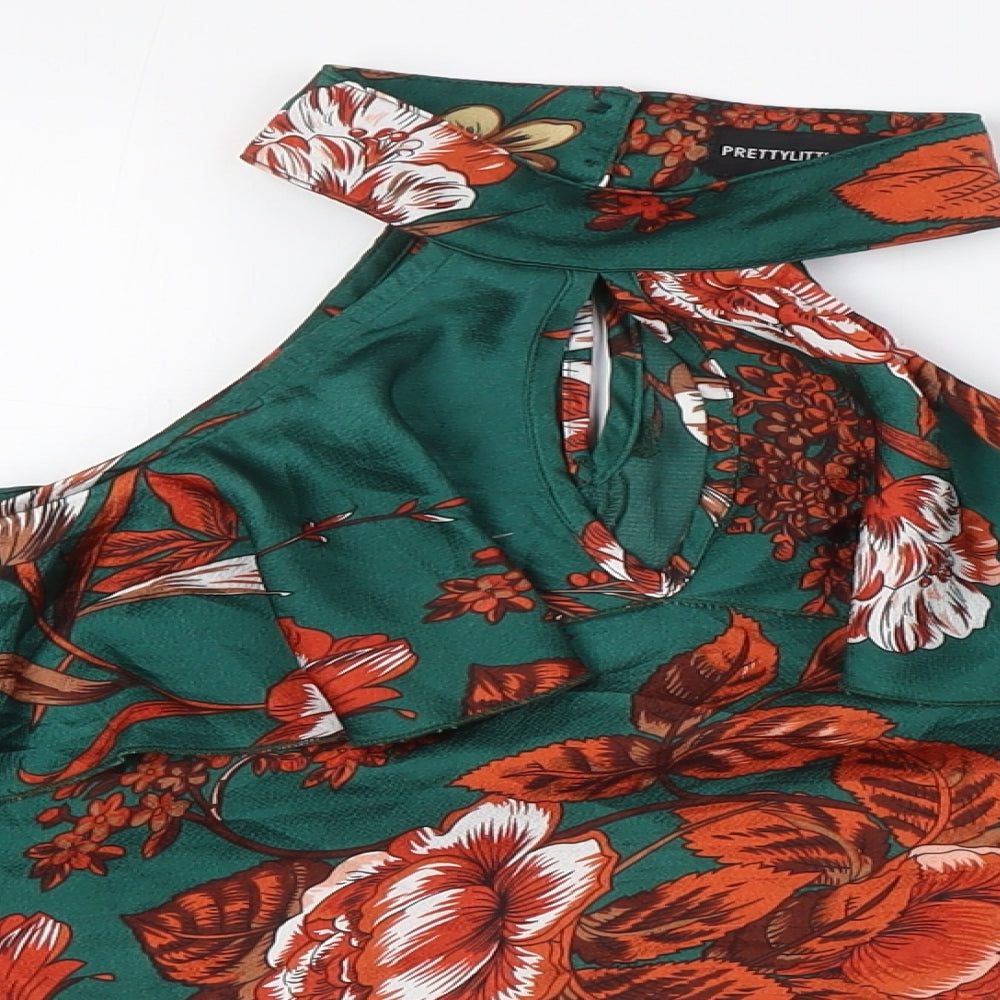 PRETTYLITTLETHING Womens Green Floral Polyester Cropped Button-Up Size 10 Mock Neck - Cold Shoulder