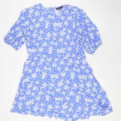 Marks and Spencer Womens Blue Floral Viscose A-Line Size 14 Round Neck Zip