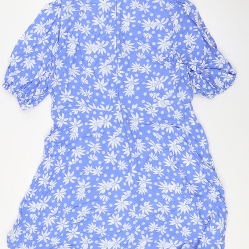 Marks and Spencer Womens Blue Floral Viscose A-Line Size 14 Round Neck Zip