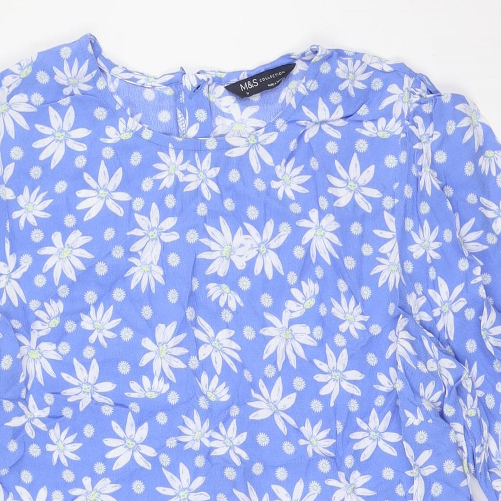 Marks and Spencer Womens Blue Floral Viscose A-Line Size 14 Round Neck Zip