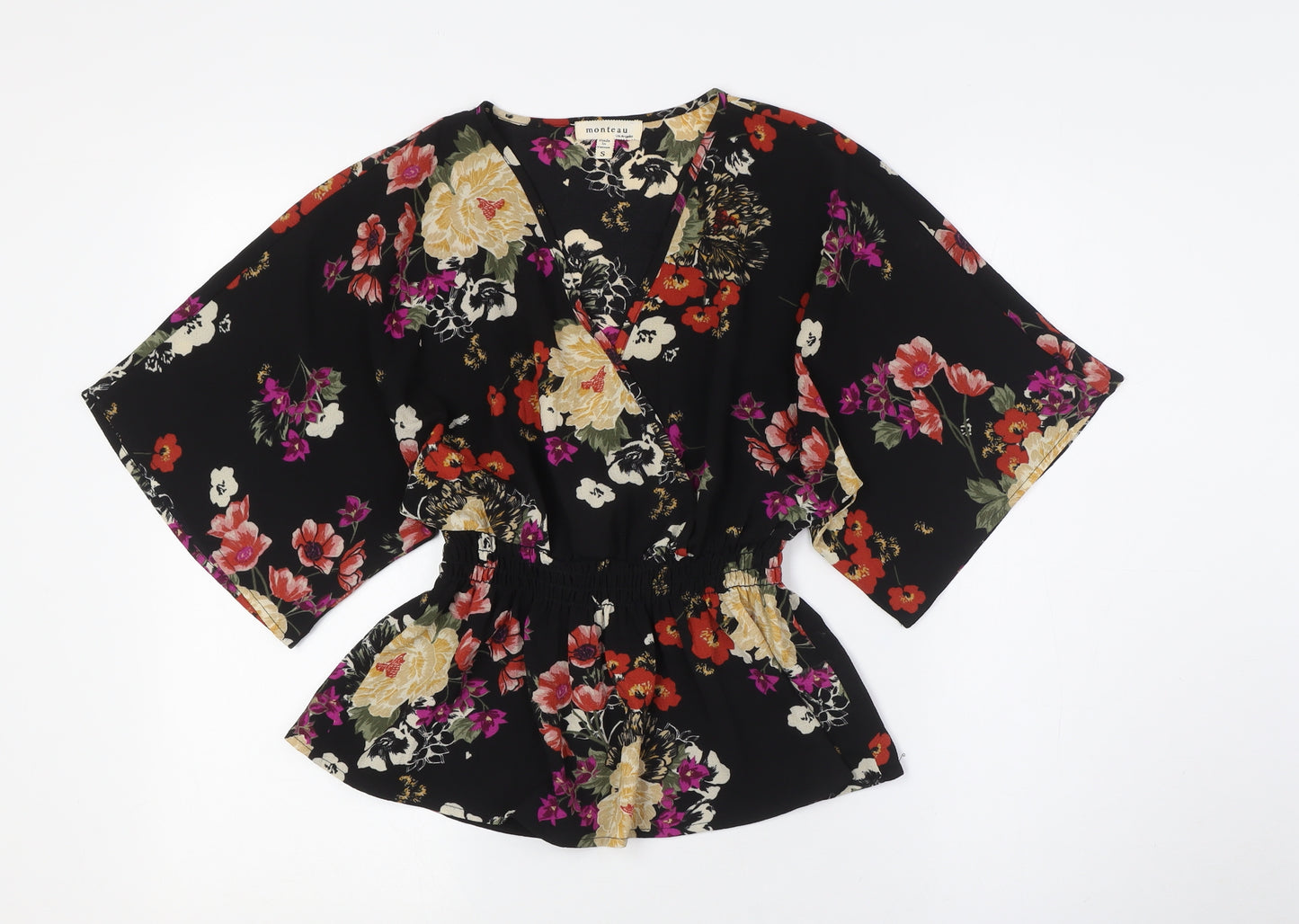 Monteau Womens Multicoloured Floral Polyester Basic Button-Up Size S V-Neck - Elasticated Waist