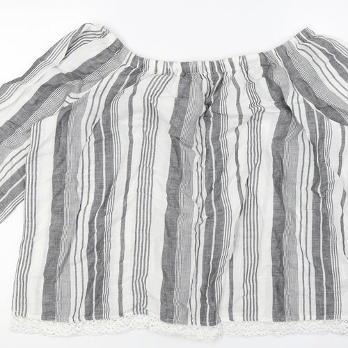 Marks and Spencer Womens White Striped Flax Basic Button-Up Size 16 Off the Shoulder