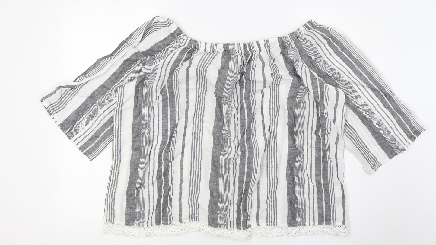 Marks and Spencer Womens White Striped Flax Basic Button-Up Size 16 Off the Shoulder