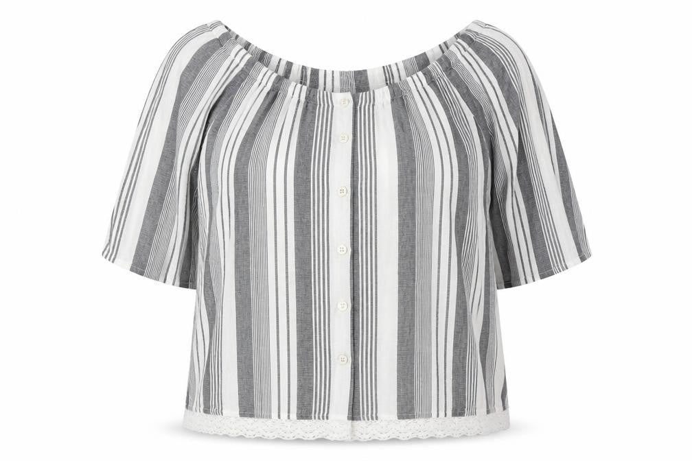 Front view of Marks & Spencer women’s white striped flax basic button-up, size UK 16, off the shoulder