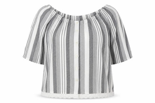 Front view of Marks & Spencer women’s white striped flax basic button-up, size UK 16, off the shoulder