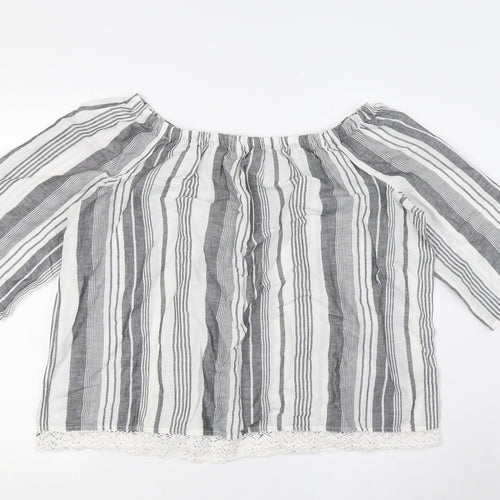 Marks and Spencer Womens White Striped Flax Basic Button-Up Size 16 Off the Shoulder