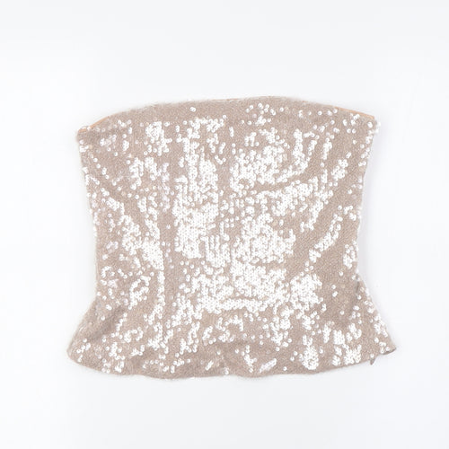 Zara Womens Beige Polyester Basic Button-Up Size M Off the Shoulder - Squares