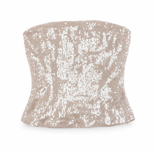 Front view of Zara women’s beige polyester basic button-up, size M, off the shoulder - squares