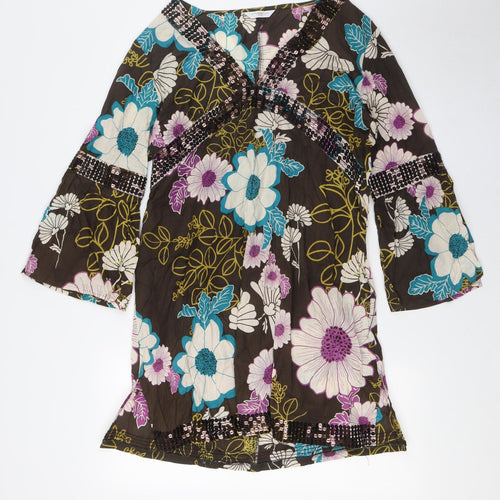 New Look Womens Multicoloured Floral Cotton A-Line Size 16 V-Neck - Sequin Embellished Neck