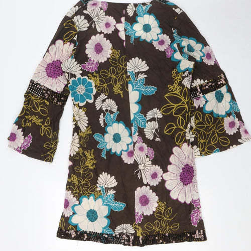New Look Womens Multicoloured Floral Cotton A-Line Size 16 V-Neck - Sequin Embellished Neck