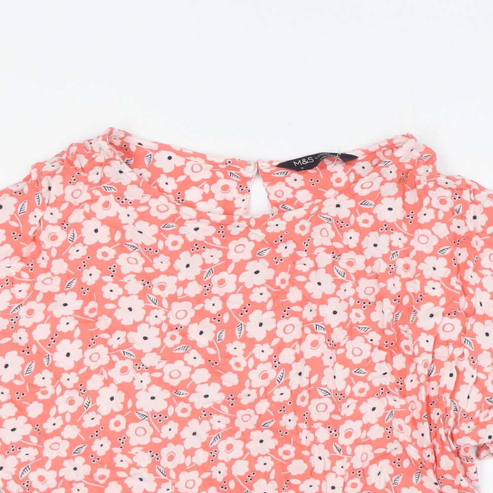 Marks and Spencer Womens Pink Floral Viscose Basic Button-Up Size 8 Boat Neck