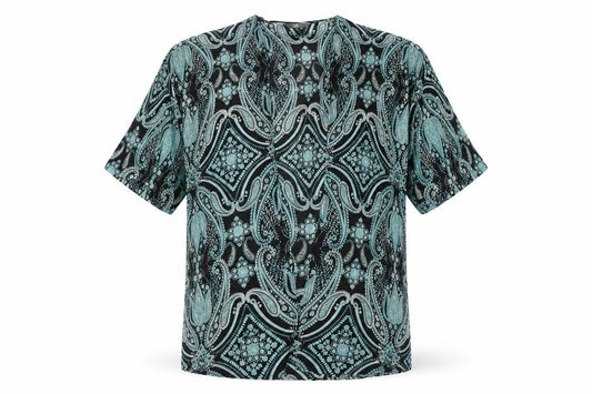 Front view of BHS women’s green polyester basic button-up, size S, v-neck