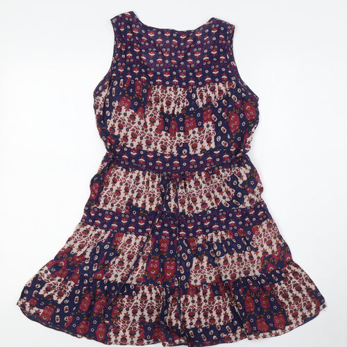Dorothy Perkins Womens Blue Floral Cotton Tunic Button-Up Size 8 Scoop Neck