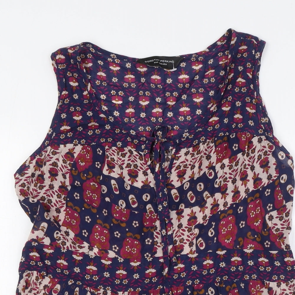 Dorothy Perkins Womens Blue Floral Cotton Tunic Button-Up Size 8 Scoop Neck
