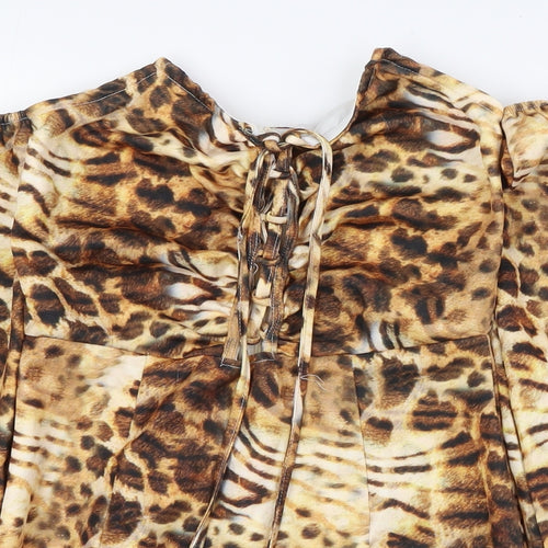 PRETTYLITTLETHING Womens Beige Animal Print Polyester Bodycon Size 6 Off the Shoulder Zip - Tie Up Front