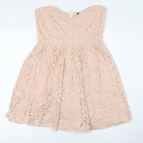 Boohoo Womens Pink Polyester A-Line Size 8 Off the Shoulder Zip - Lace Overlay