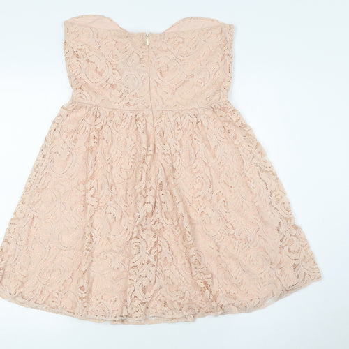 Boohoo Womens Pink Polyester A-Line Size 8 Off the Shoulder Zip - Lace Overlay
